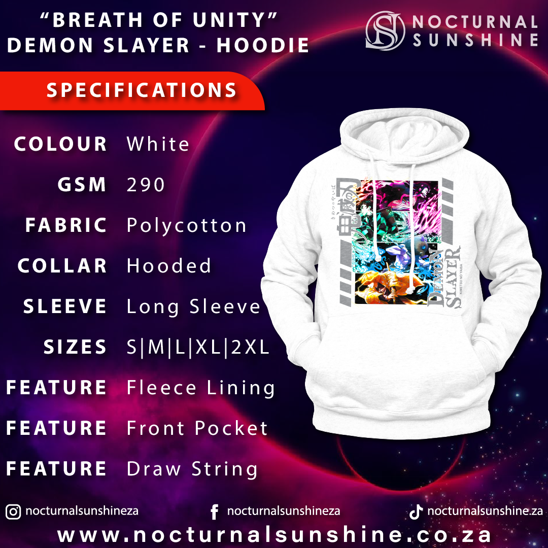 Anime Merch in South Africa. Unite with Tanjiro, Nezuko, Inosuke and Zenitsu with the "Breath of Unity" Demon Slayer hoodie. This hoodie is made for action and adventure