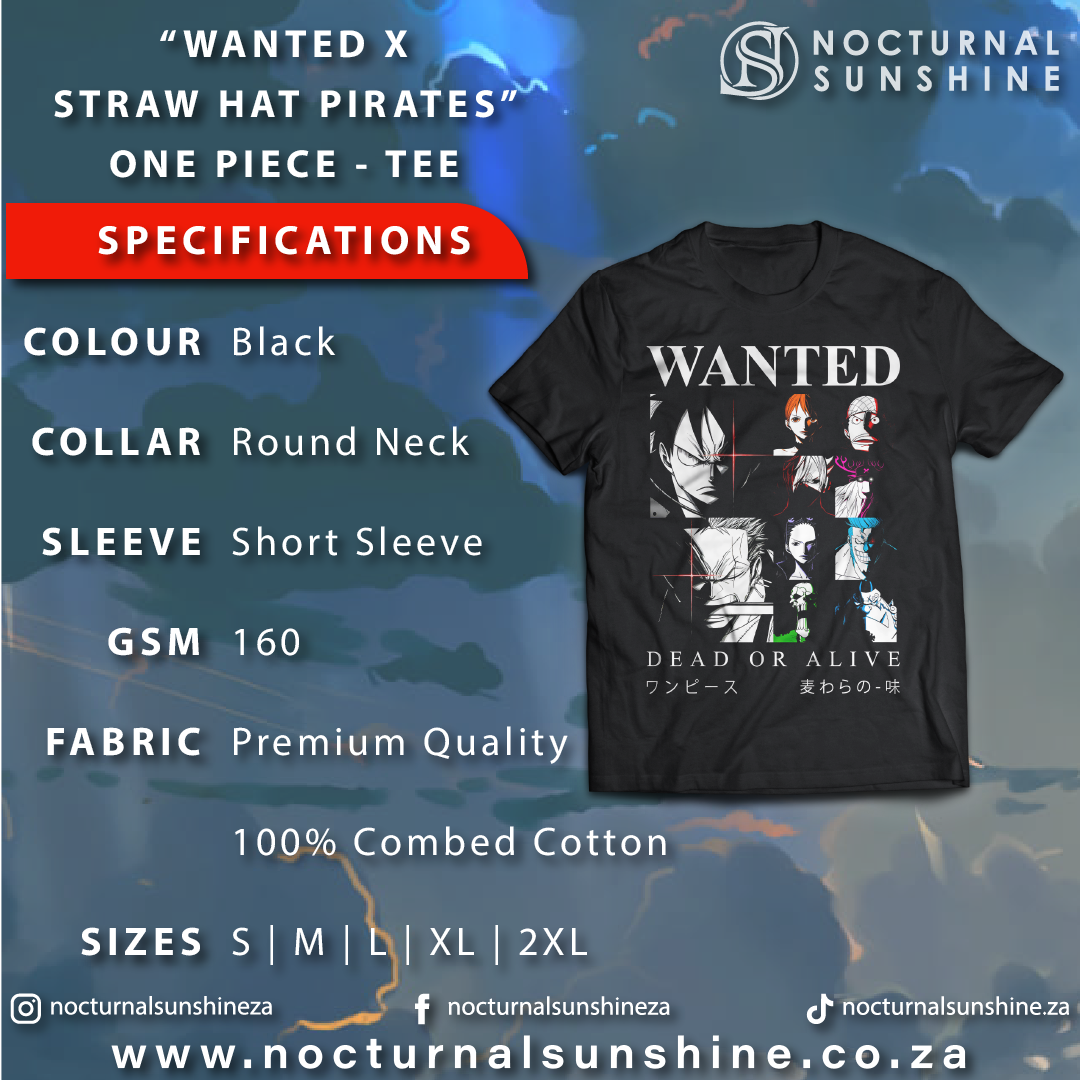 Anime Merch in South Africa. Make a statement with this edgy and bold “Wanted X Straw Hat Pirates” One Piece inspired t-shirt. Featuring anime artwork and crafted with premium combed cotton, this t-shirt celebrates the resilience of the iconic Straw Hat Pirates and their mission to challenge the world! Dare to stand out and take risks. Set sail on a journey with this t-shirt!