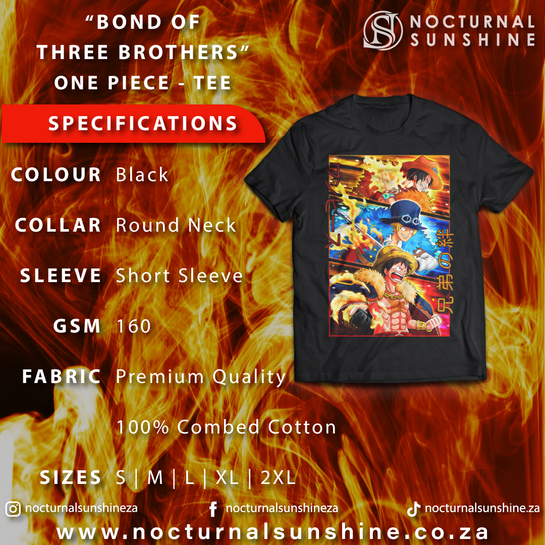 Anime Merch in South Africa. Show your loyalty and bond with the legendary brothers of One Piece with our "Bond Of Three Brothers" T-shirt! T-shirt features Ace, Sabo and Luffy in vibrant, fiery stances.