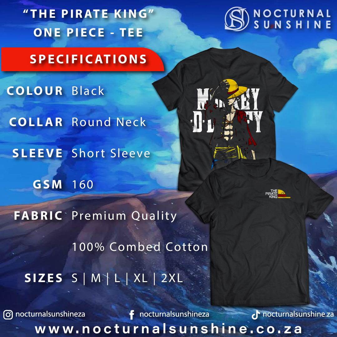 Anime Merch in South Africa. Embrace the spirit of The Pirate King and make a statement! Our One Piece inspired t-shirt unites your favorite captain, Monkey D. Luffy, on the back with the iconic Pirate King logo on the front. Cruise through life with style and comfort, crafted from premium quality cotton - 'cause the journey never ends!