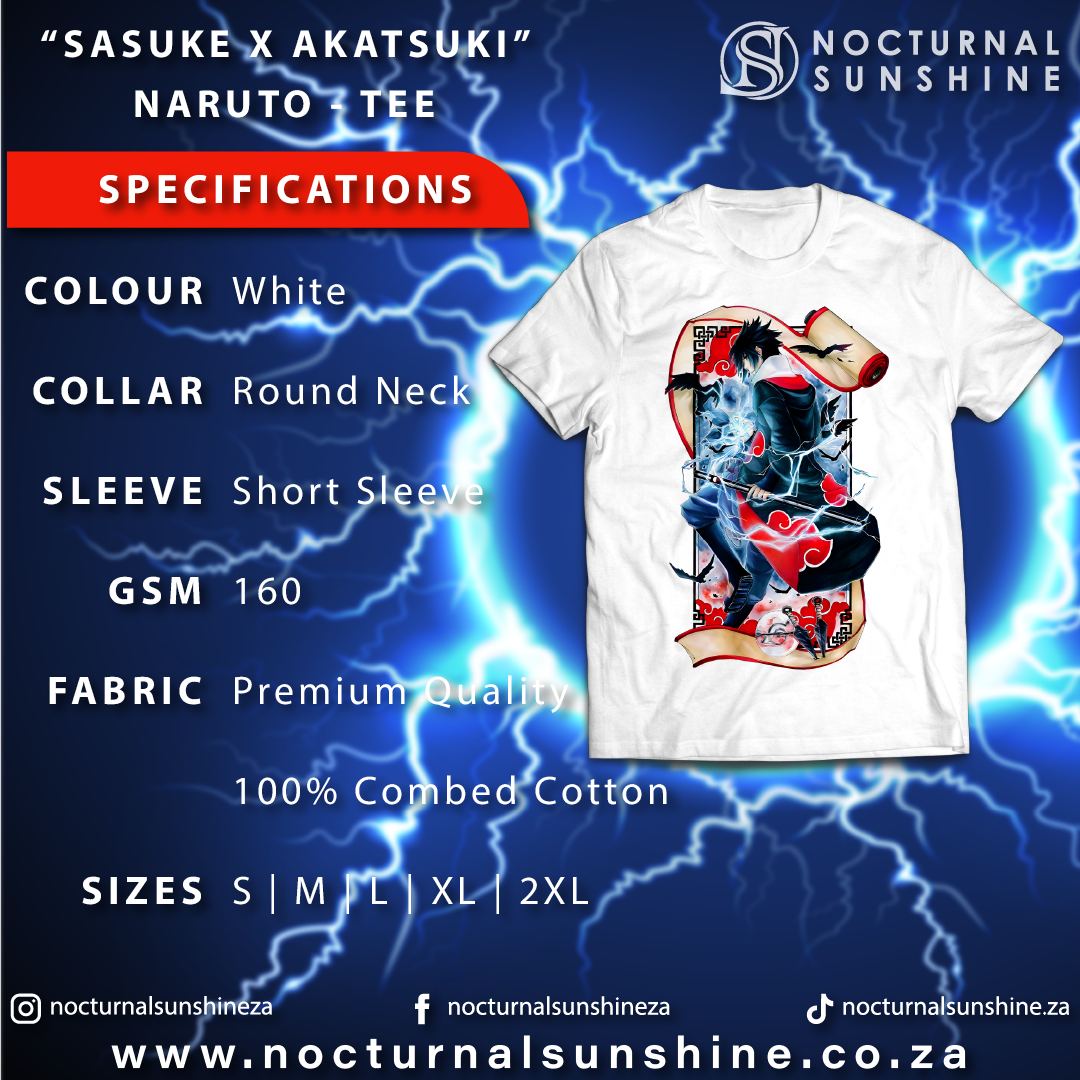 Anime Merch in South Africa. Be bold and join the rogue ninja life with the "Sasuke X Akatsuki" t-shirt inspired by the Naruto anime. Featuring Sasuke and his iconic red cloud attire, this premium quality cotton tee is perfect for anyone looking for a daring new look. Take the plunge and embrace the challenge of the rogue ninja life!