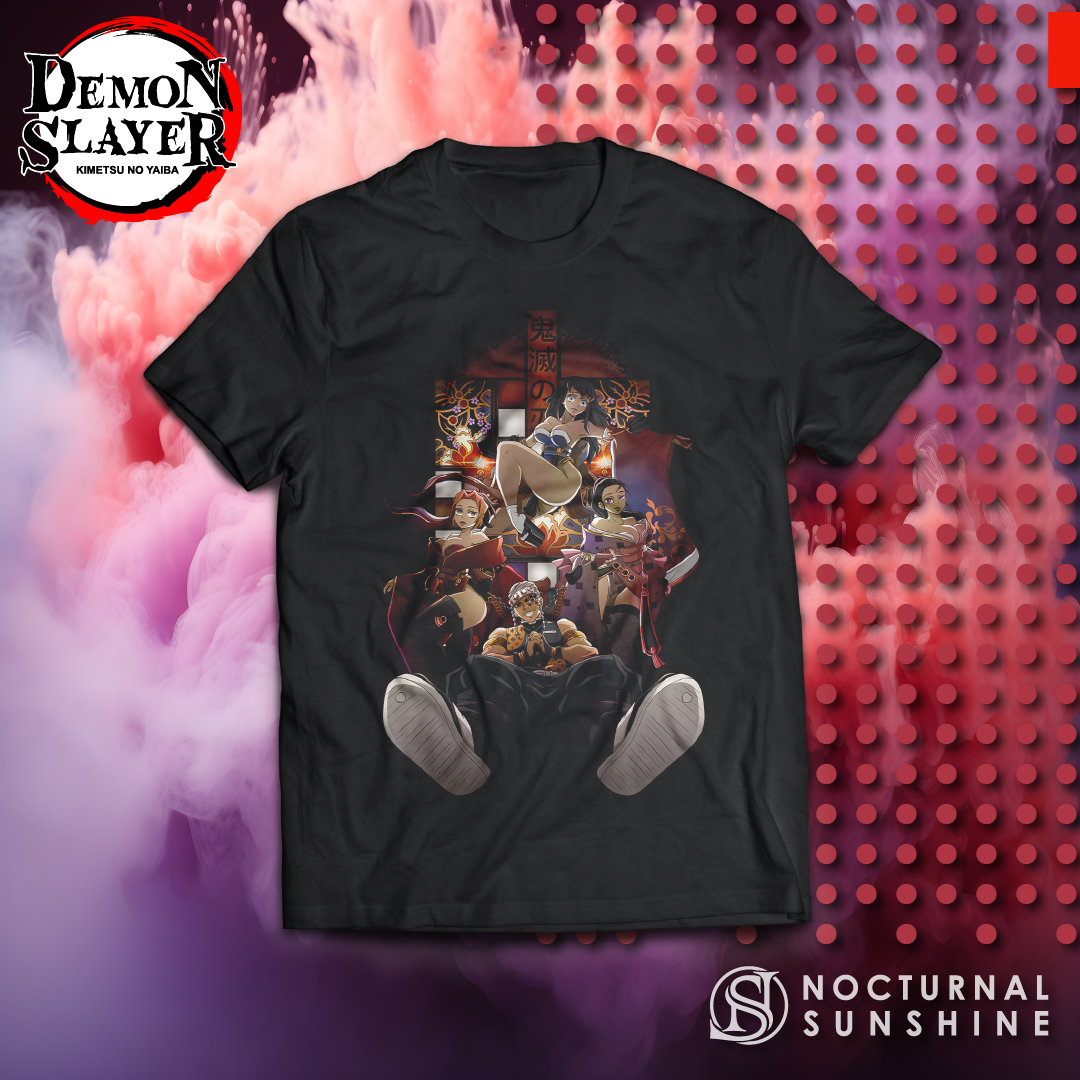 Anime Merch in South Africa. Time to get flashy and make a bold statement with this stylish "Sound Hashira X Tengen Uzui" Demon Slayer t-shirt! Featuring Tengen, a powerful and skilled fighter with incredible physical prowess. Crafted from premium quality cotton, this t-shirt is the perfect way to show off your bold style. Slay in style with this must have t-shirt!