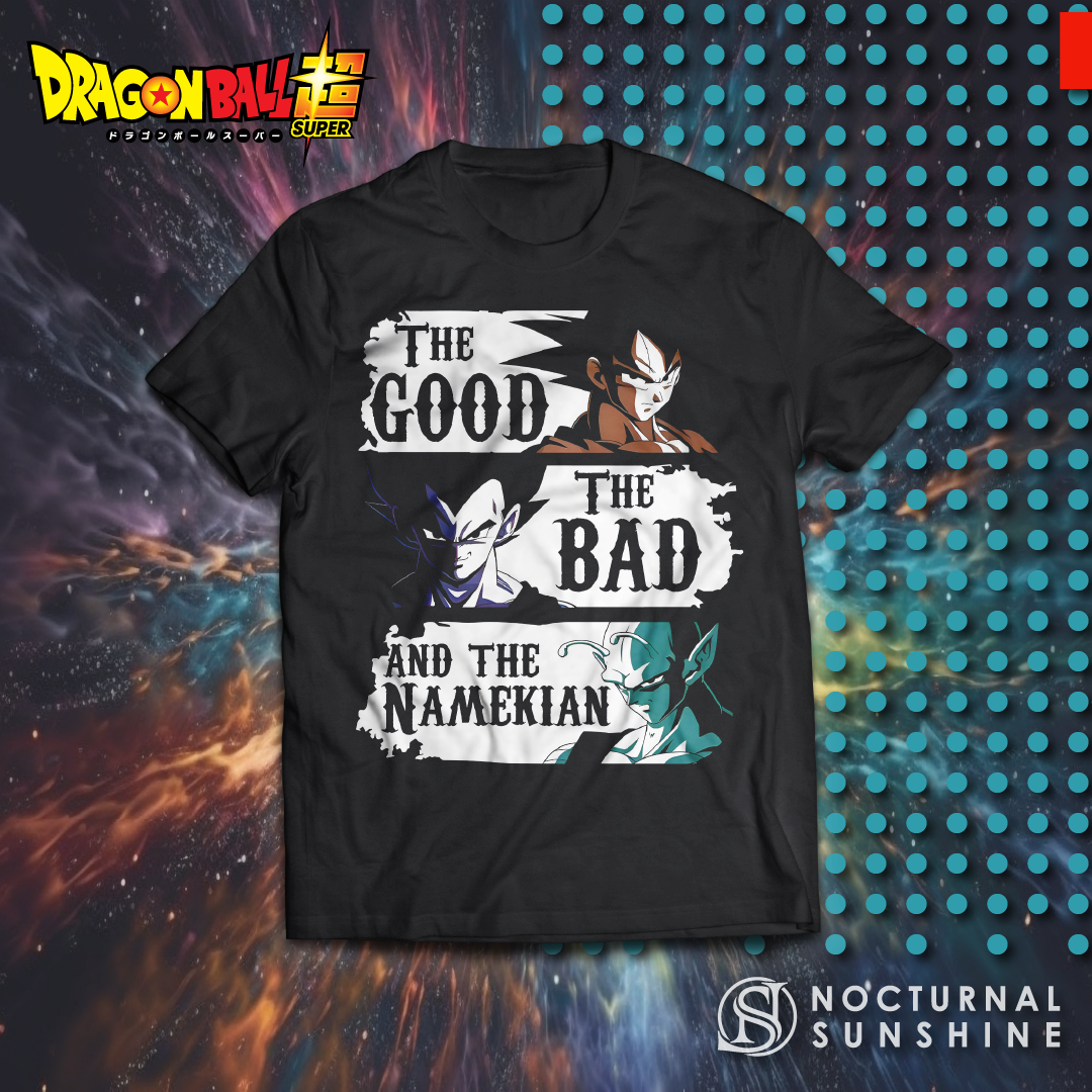Anime Merch in South Africa. Experience the epic world of Dragon Ball like never before with this unique "The Good, The Bad And The Namekian" t-shirt. Featuring Goku, Vegeta and Piccolo, this premium quality cotton t-shirt is perfect for die-hard fans and those who just want to experience the fun and energy of the show! Show your love for Dragon Ball with this amazing showpiece!