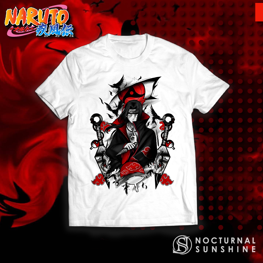Anime Merch in South Africa. Grab this bold Itachi Uchiha T-shirt and unleash the power of one of the strongest Naruto characters! Made from premium quality cotton, the vibrant design features an awesome illustration of Itachi in his red cloud Akatsuki attire. Take the challenge and enter his genjutsu today!