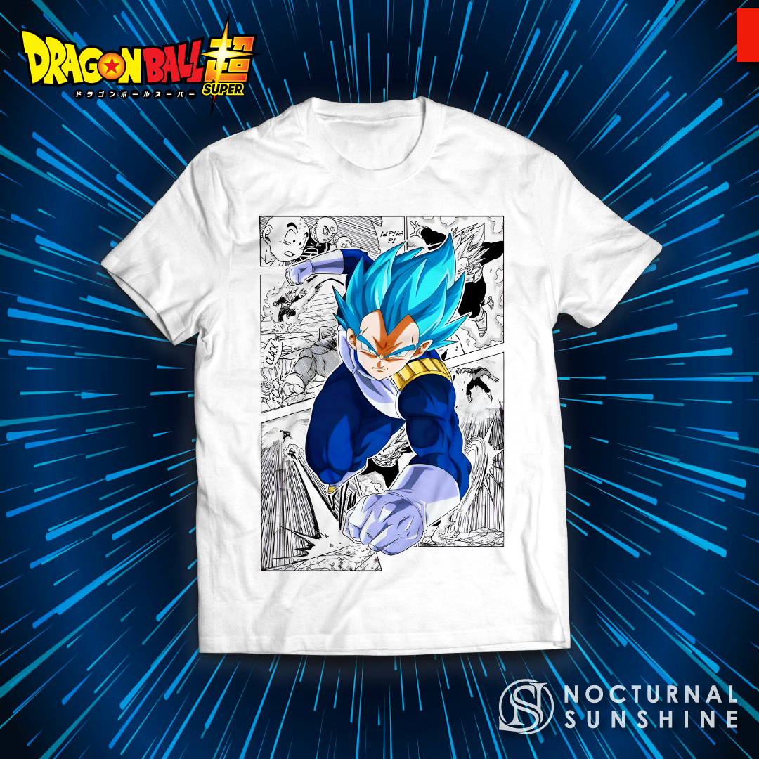 Anime Merch in South Africa. Embrace adventure and challenge yourself to new heights in our “Vegeta Blue X Manga” T-shirt! With a combination of Vegeta's Blue form and manga style panels, this premium quality cotton t-shirt will make you feel powerful and unstoppable. Get ready to take risks and push your limits in style!