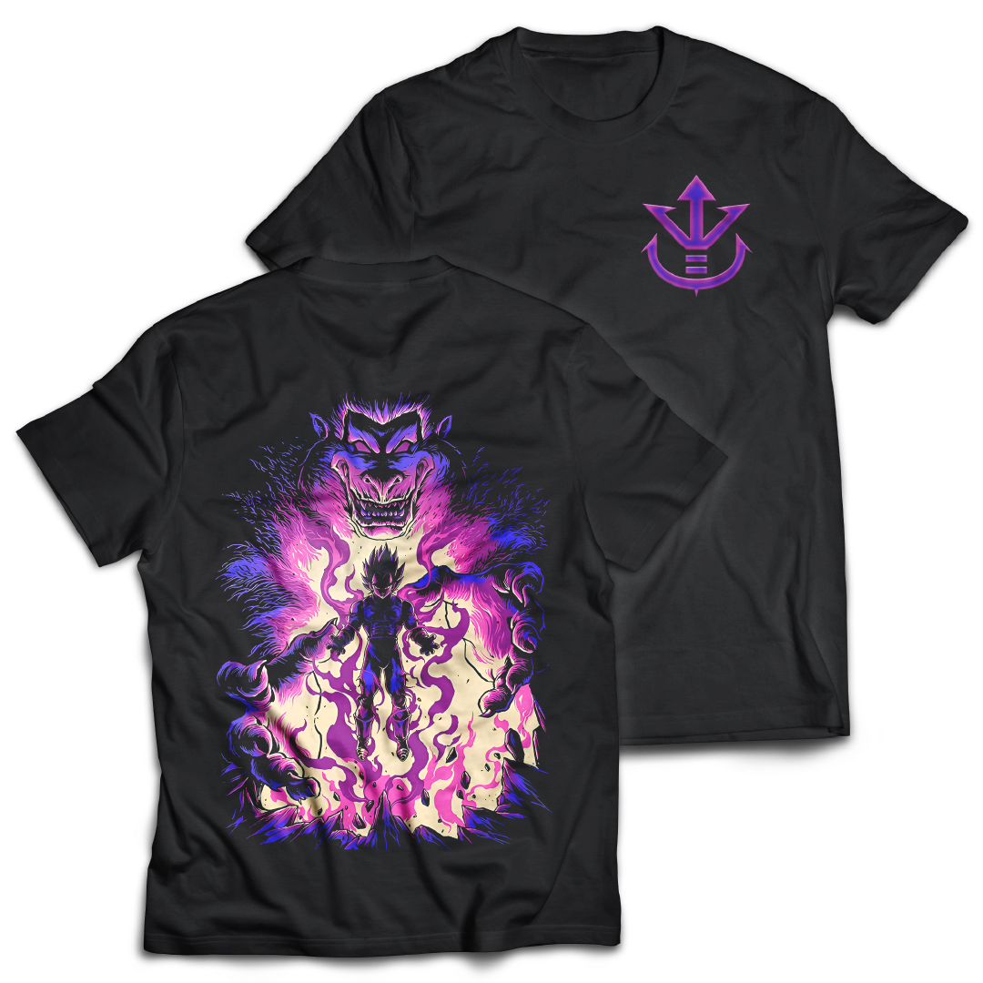 Anime Merch in South Africa. Wear your Saiyan pride, loud and proud with this “Ego Of The Prince” t-shirt. Unleash the prince of Saiyans, Vegeta, with the double printed design. Featuring the Saiyan Royal Family crest on the front and Vegeta unleashing formidable power on the back.