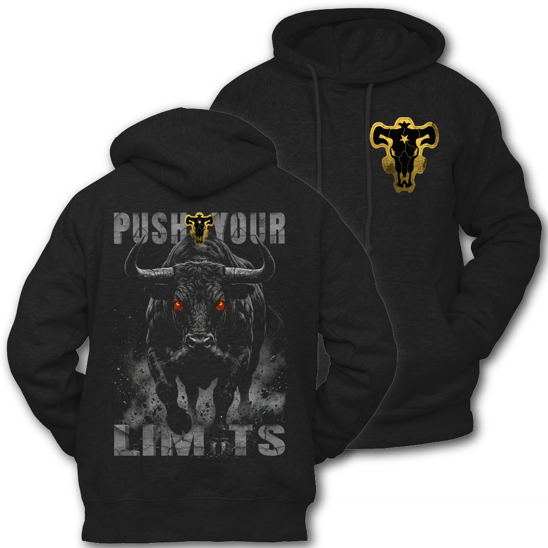 Black hoodie with a gold and black graphic "Black Bulls Emblem" on the front.  Graphic of a bull and 'Push Your Limits' text on the back of the hoodie.