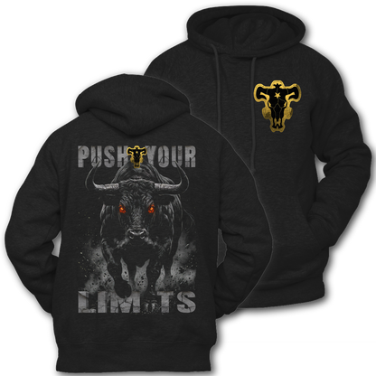 Black hoodie with a gold and black graphic "Black Bulls Emblem" on the front.  Graphic of a bull and 'Push Your Limits' text on the back of the hoodie.