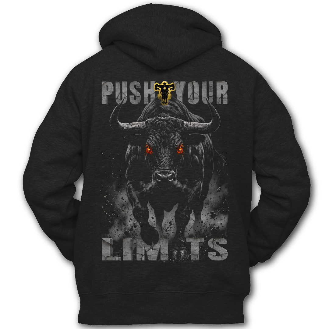 Black hoodie with a graphic of a bull and 'Push Your Limits' text on the back of the hoodie.