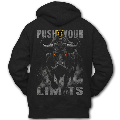 Black hoodie with a graphic of a bull and 'Push Your Limits' text on the back of the hoodie.