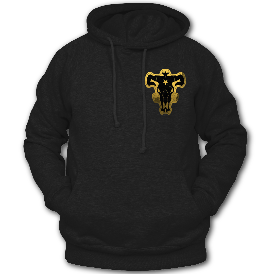 Black hoodie with a gold and black graphic "Black Bulls Emblem" on the front.