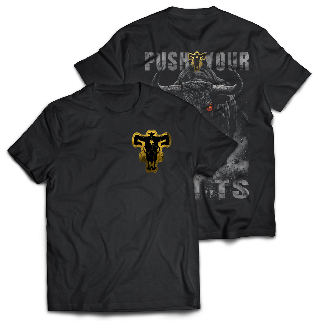 Black t-shirt with a gold and black graphic "Black Bulls Emblem" on the front.  Graphic of a bull and 'Push Your Limits' text on the back of the t-shirt.