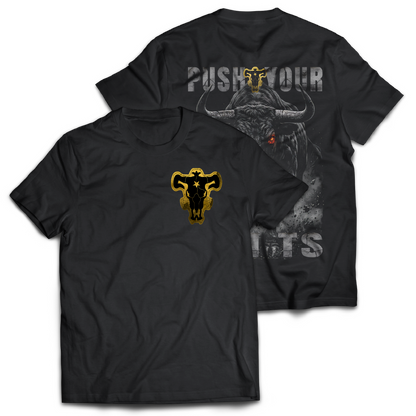 Black t-shirt with a gold and black graphic "Black Bulls Emblem" on the front.  Graphic of a bull and 'Push Your Limits' text on the back of the t-shirt.