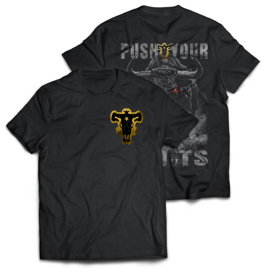 Black t-shirt with a gold and black graphic "Black Bulls Emblem" on the front.  Graphic of a bull and 'Push Your Limits' text on the back of the t-shirt.