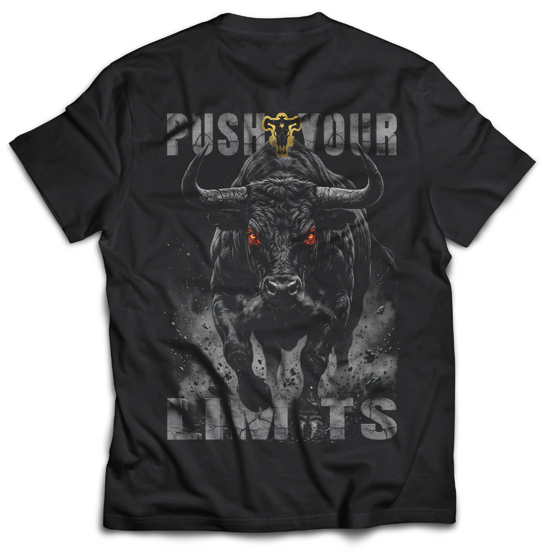 Black t-shirt with a graphic of a bull and 'Push Your Limits' text on the back of the t-shirt.