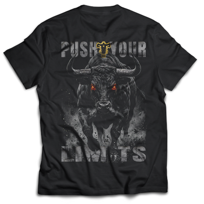 Black t-shirt with a graphic of a bull and 'Push Your Limits' text on the back of the t-shirt.