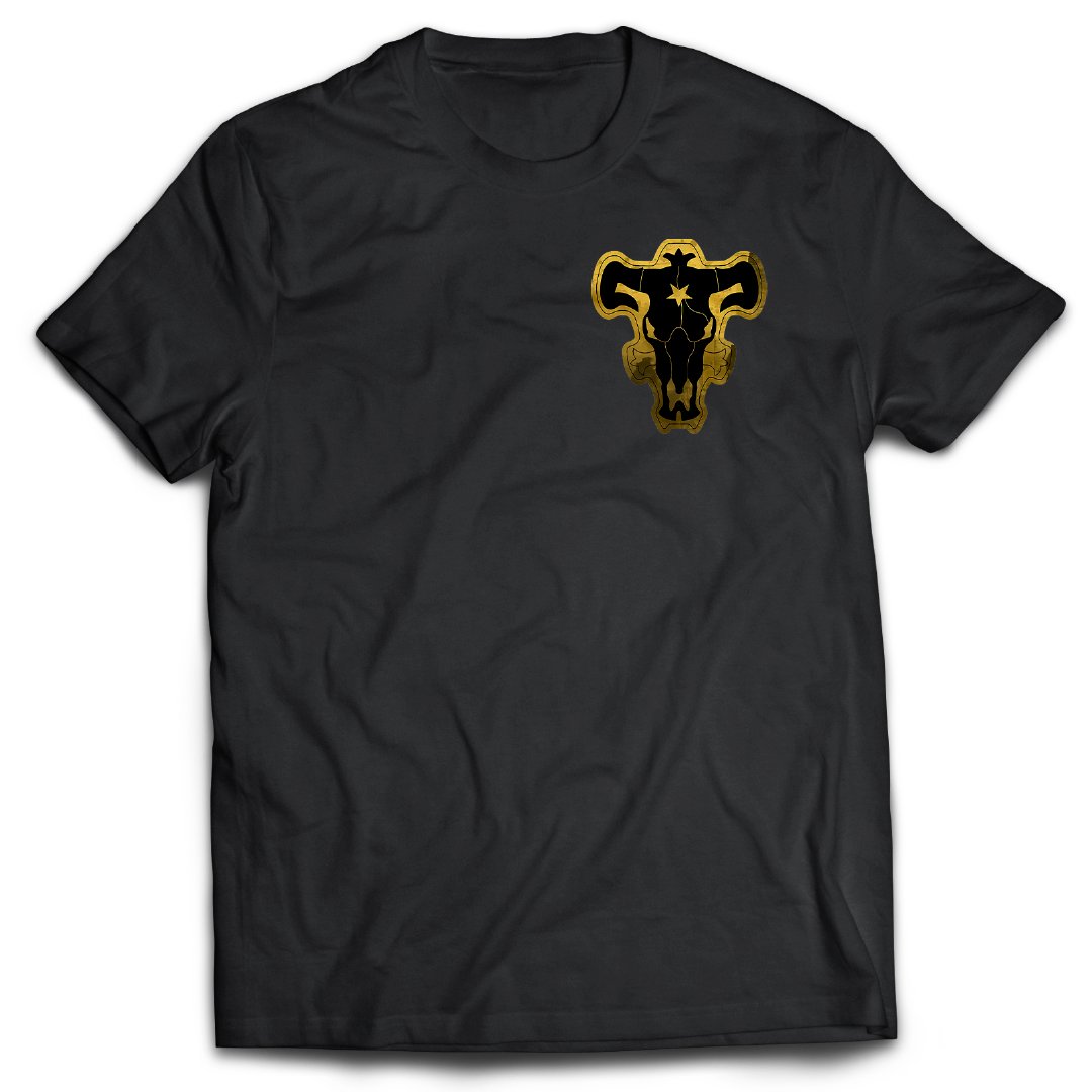 Black t-shirt with a gold and black graphic "Black Bulls Emblem" on the front.