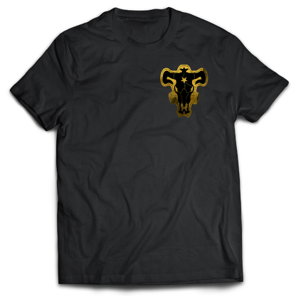 Black t-shirt with a gold and black graphic "Black Bulls Emblem" on the front.