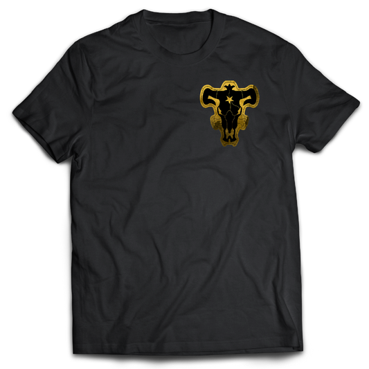 Black t-shirt with a gold and black graphic "Black Bulls Emblem" on the front.