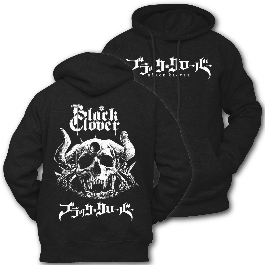 Black hoodie with white graphic "Black Clover" on the front.  Graphic of a demon skull and 'Black Clover' text on the back of the hoodie, inspired by Black Clover the anime.