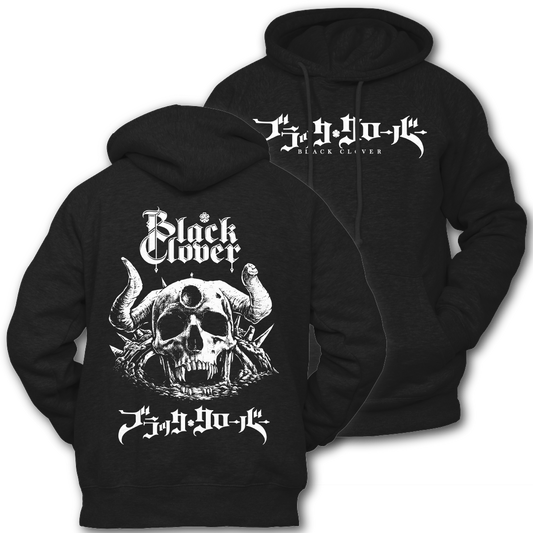 Black hoodie with white graphic "Black Clover" on the front.  Graphic of a demon skull and 'Black Clover' text on the back of the hoodie, inspired by Black Clover the anime.