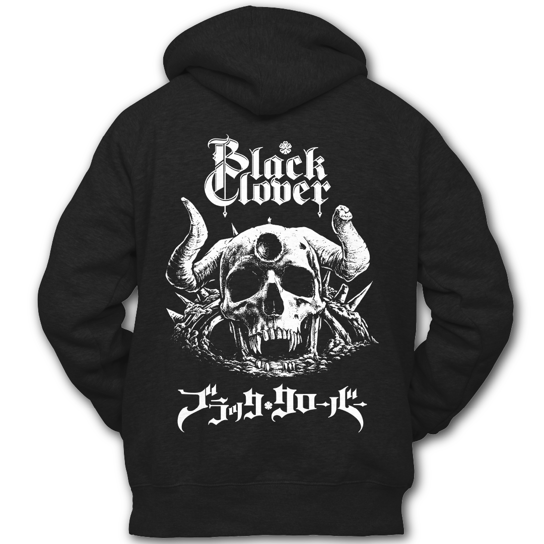 Black hoodie with white graphic  of a demon skull and "Black Clover" text on the back of the hoodie, inspired by Black Clover the anime.
