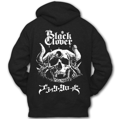 Black hoodie with white graphic  of a demon skull and "Black Clover" text on the back of the hoodie, inspired by Black Clover the anime.
