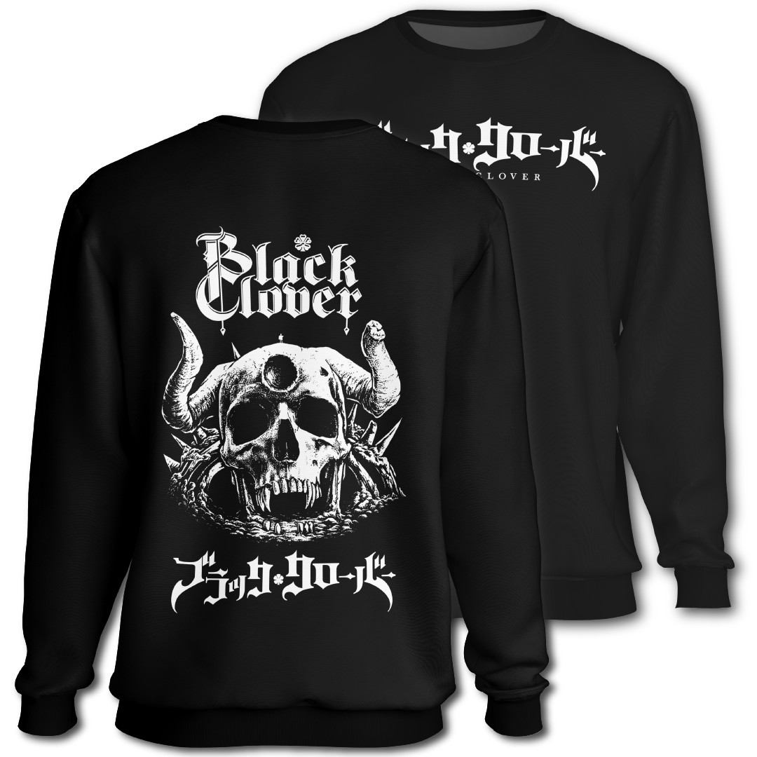 Black sweatshirt with white graphic "Black Clover" on the front.  Graphic of a demon skull and 'Black Clover' text on the back of the sweatshirt, inspired by Black Clover the anime.