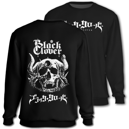 Black sweatshirt with white graphic "Black Clover" on the front.  Graphic of a demon skull and 'Black Clover' text on the back of the sweatshirt, inspired by Black Clover the anime.