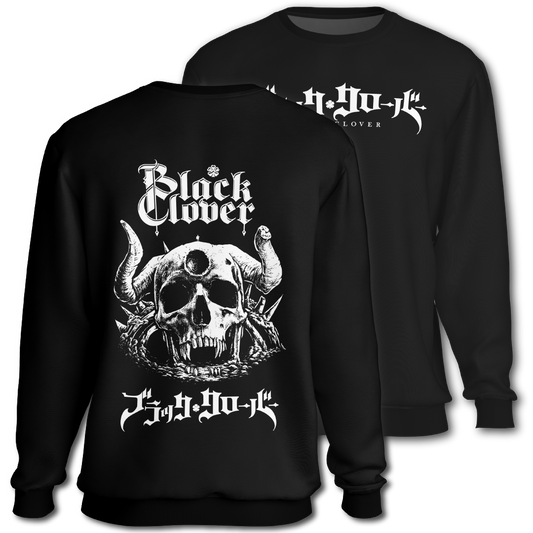 Black sweatshirt with white graphic "Black Clover" on the front.  Graphic of a demon skull and 'Black Clover' text on the back of the sweatshirt, inspired by Black Clover the anime.