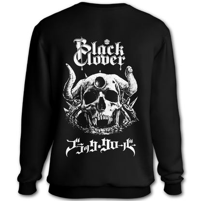 Black sweatshirt with white graphic  of a demon skull and "Black Clover" text on the back of the sweatshirt, inspired by Black Clover the anime.