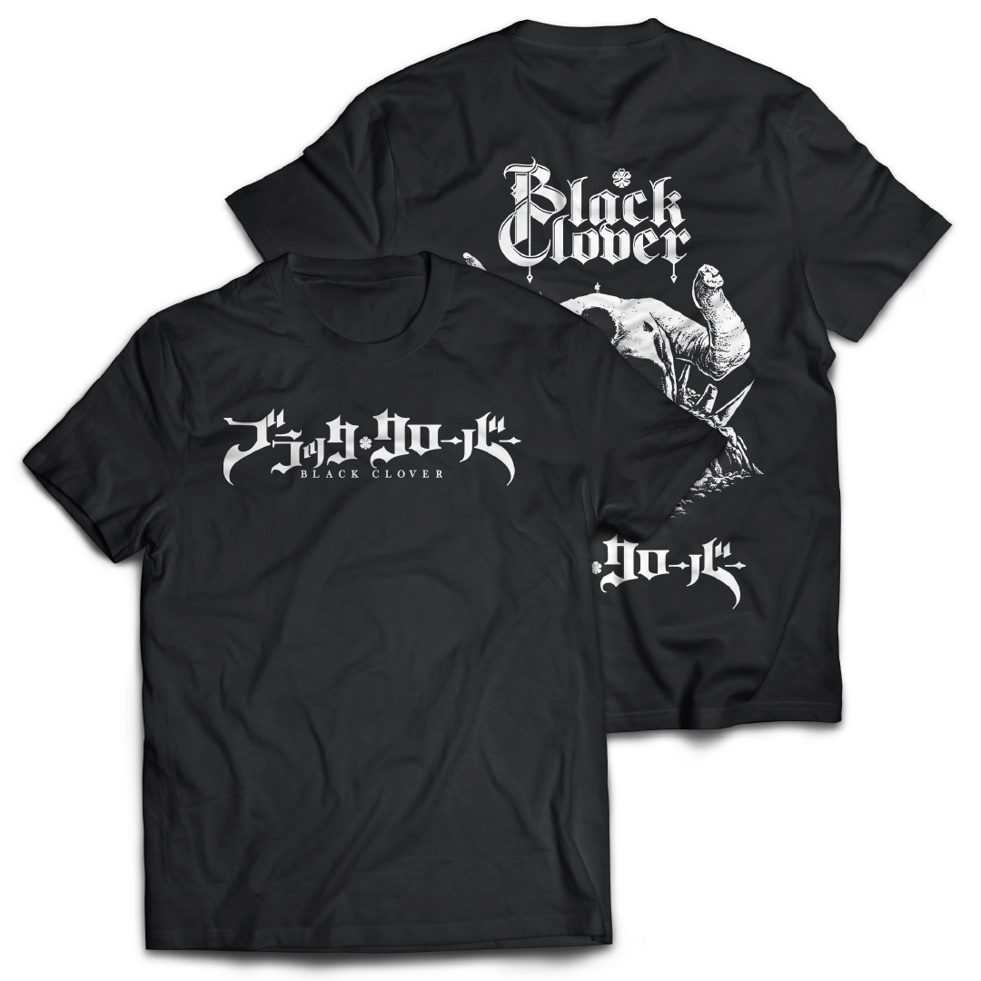 Black t-shirt with white graphic "Black Clover" on the front.  Graphic of a demon skull and 'Black Clover' text on the back of the t-shirt, inspired by Black Clover the anime.