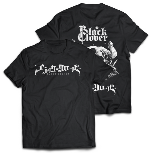 Black t-shirt with white graphic "Black Clover" on the front.  Graphic of a demon skull and 'Black Clover' text on the back of the t-shirt, inspired by Black Clover the anime.