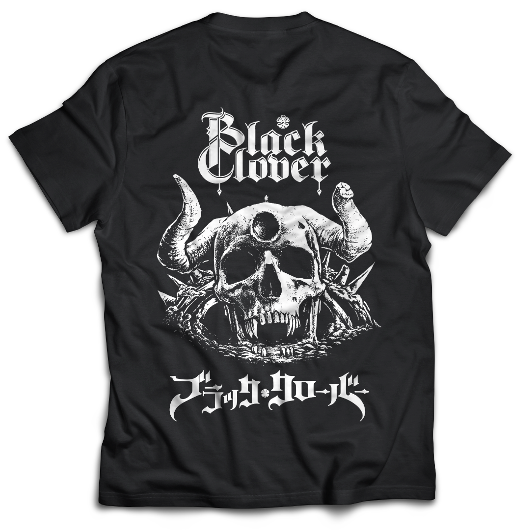 Black t-shirt with white graphic  of a demon skull and "Black Clover" text on the back of the t-shirt, inspired by Black Clover the anime.