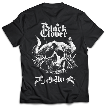 Black t-shirt with white graphic  of a demon skull and "Black Clover" text on the back of the t-shirt, inspired by Black Clover the anime.