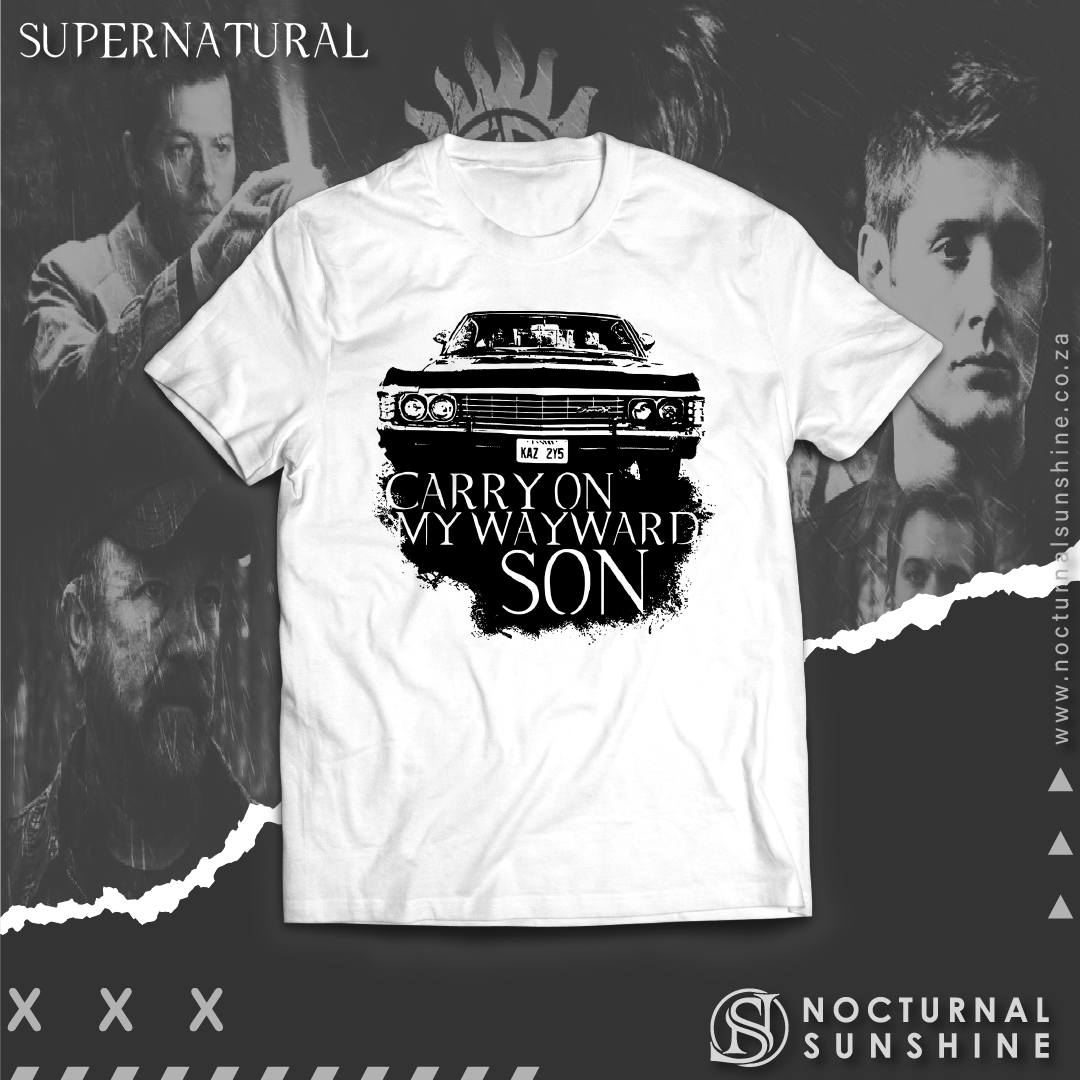 Supernatural inspired t-shirt with black graphic of a car and text 'Carry On My Wayward Son' background