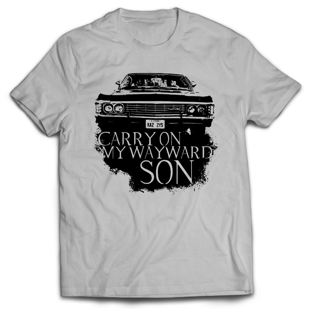 Supernatural inspired gray t-shirt with black graphic of a car and text 'Carry On My Wayward Son' background