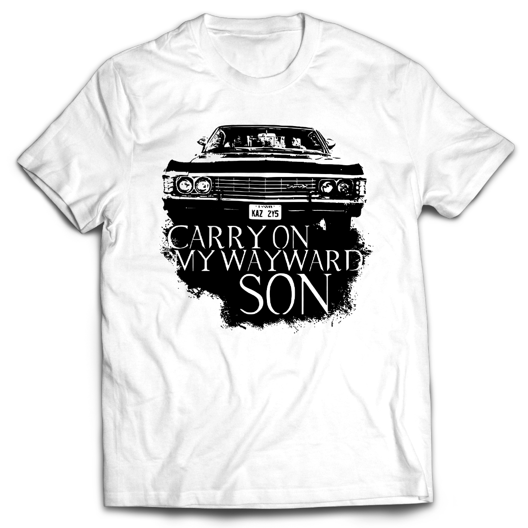 Supernatural inspired white t-shirt with black graphic of a car and text 'Carry On My Wayward Son' background