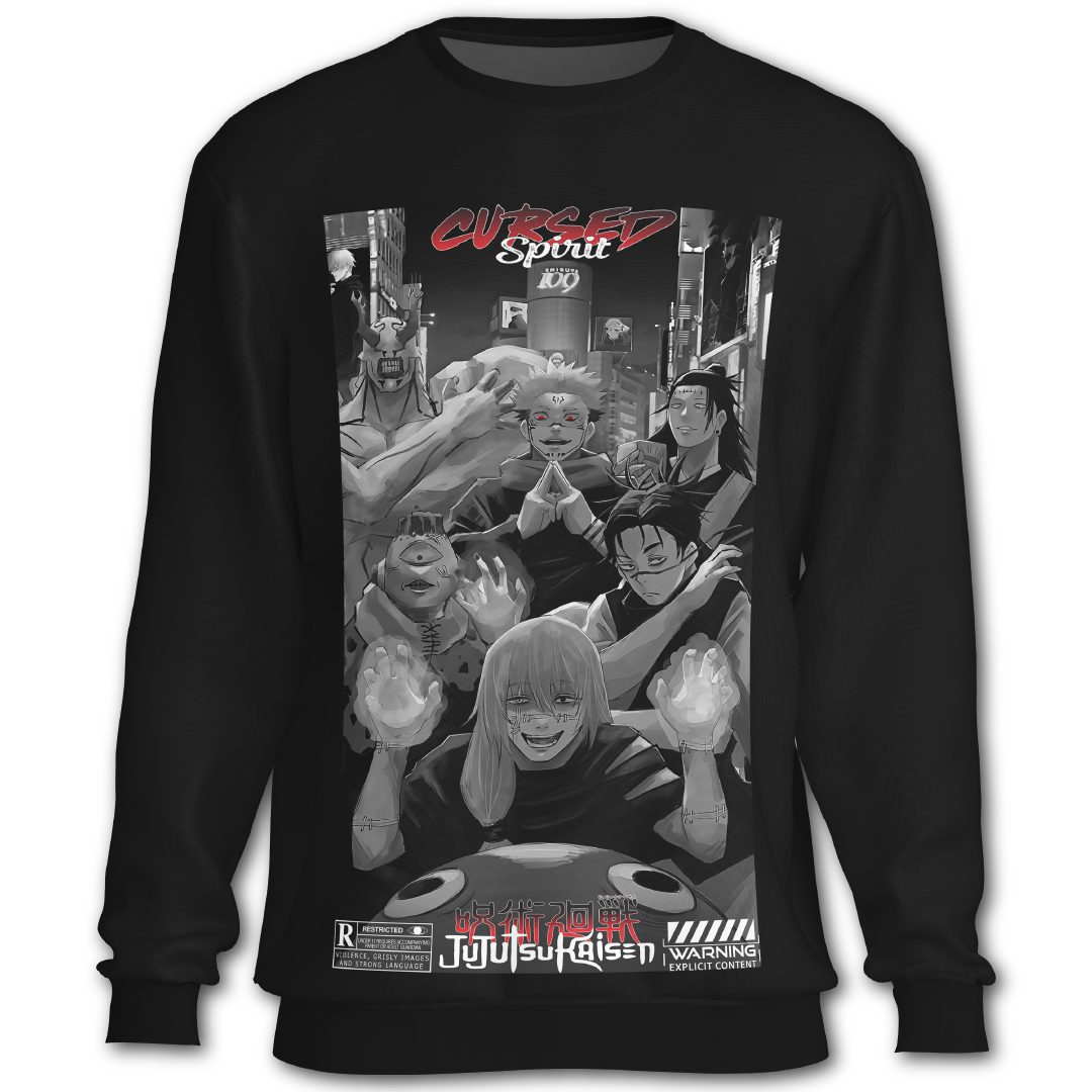 Black sweatshirt with 'Cursed Spirit' graphic design featuring animated characters inspired Jujutsu Kaisen the anime.