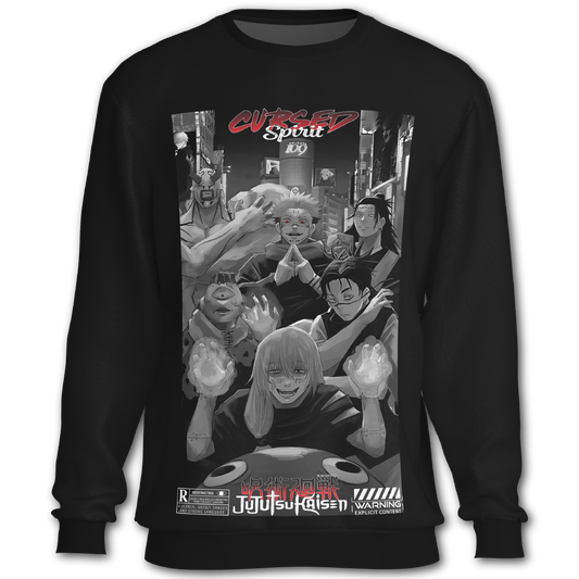 Black sweatshirt with 'Cursed Spirit' graphic design featuring animated characters inspired Jujutsu Kaisen the anime.