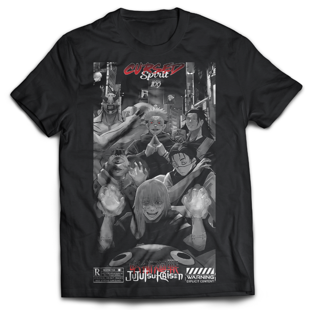 Black t-shirt with 'Cursed Spirit' graphic design featuring animated characters inspired Jujutsu Kaisen the anime.