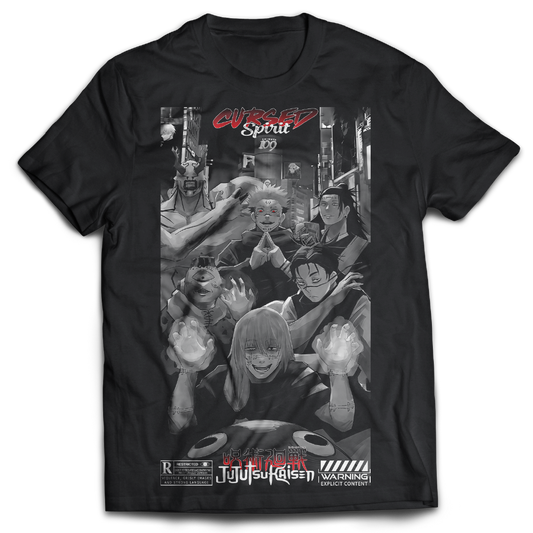 Black t-shirt with 'Cursed Spirit' graphic design featuring animated characters inspired Jujutsu Kaisen the anime.