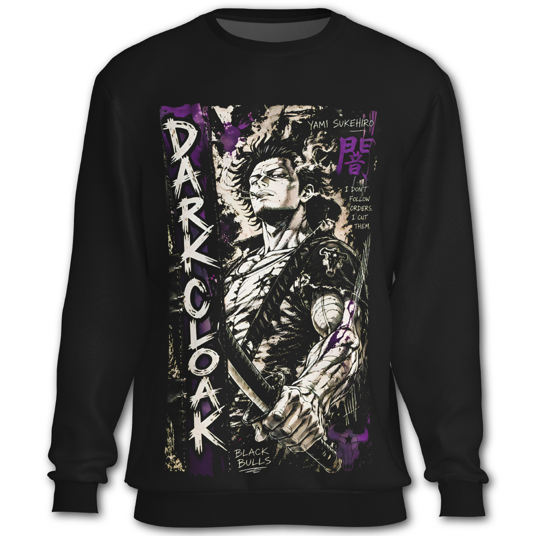 Black sweatshirt with graphic on the front, inspired by Black Clover the anime.