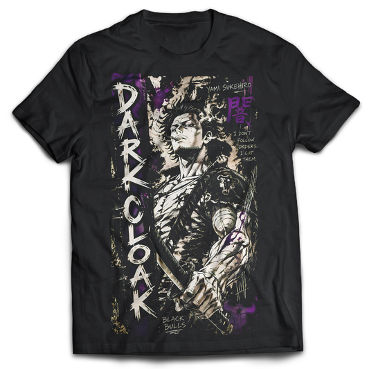 Black t-shirt with graphic on the front, inspired by Black Clover the anime.