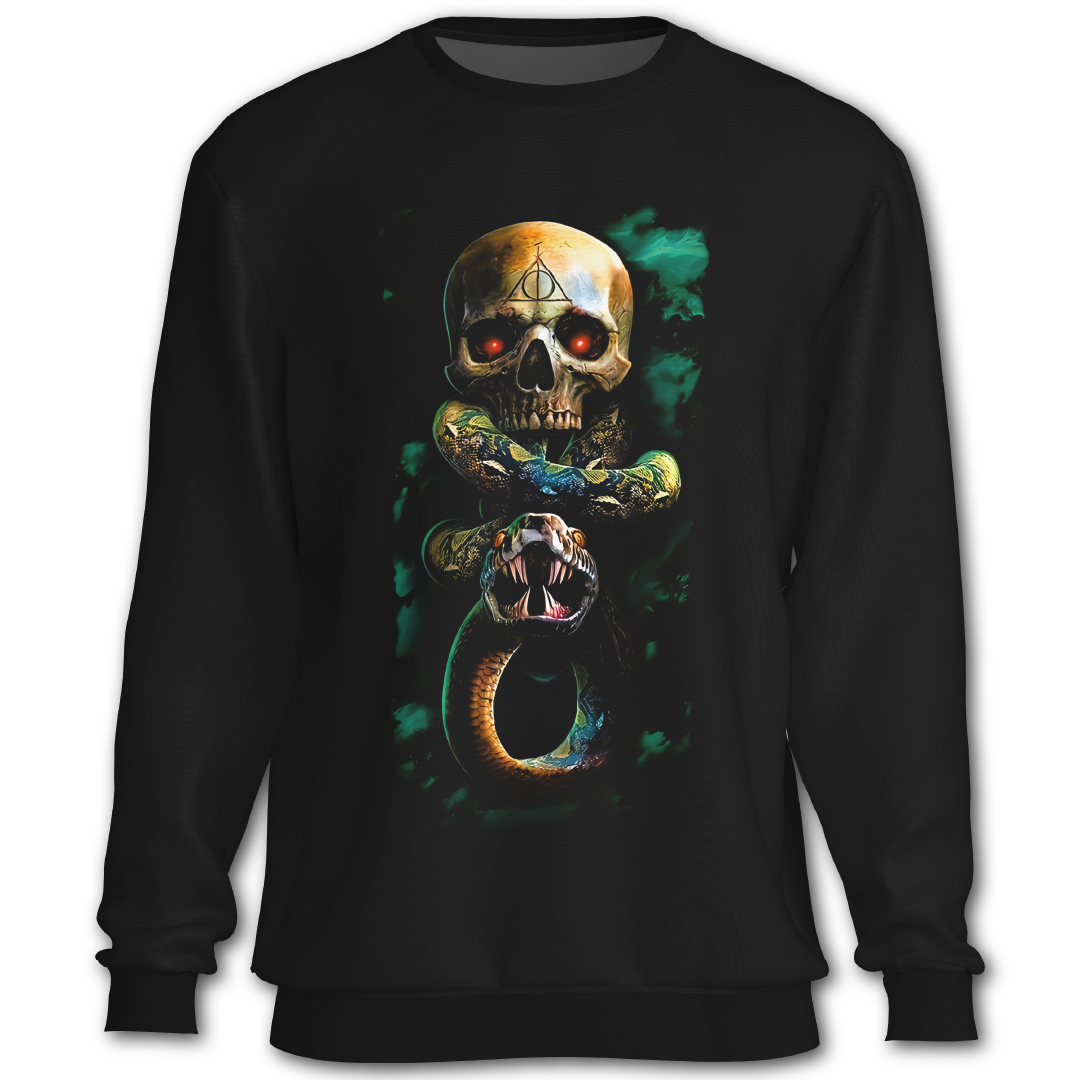 Black sweatshirt with a colorful skull and snake design on a white background