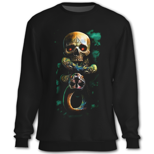 Black sweatshirt with a colorful skull and snake design on a white background