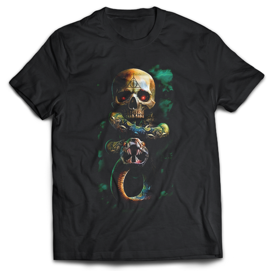 Black t-shirt with a colorful skull and snake design on a white background