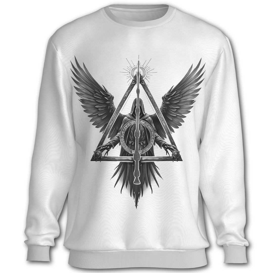 White sweatshirt with a black and gray design of wings and a symbol on a white background
