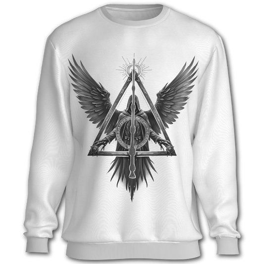 White sweatshirt with a black and gray design of wings and a symbol on a white background