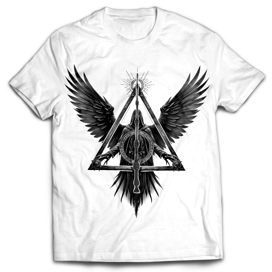 White t-shirt with black wings and symbol design on a white background